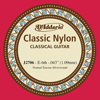 D'Addario J2706 Classical Отдельная 6-ая струна для классической гитары, нейлон, норм. натяжение D'Addario J2706 Classical Отдельная 6-ая струна для классической гитары, нейлон, норм. натяжение