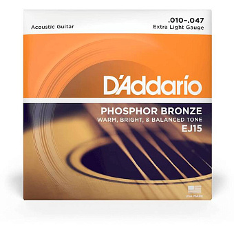 D'ADDARIO EJ15 - струны для акустической гитары, фосфорная бронза, Extra Light, 10-47